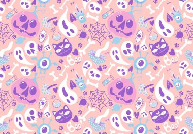 Cadılar Bayramı balkabakları, kedisiz kediler, hayaletler, mantarlar, ambalaj kağıtları, kumaşlar ve çocuk giysileri baskıları ve ambalajları için zehir örnekleri. Yüksek kaliteli illüstrasyon