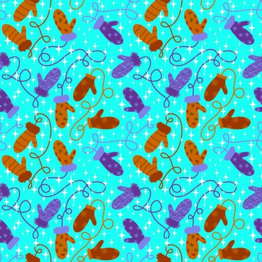 Kış eldivenleri kar taneleri desenli kağıt, kumaş, çarşaf ve çocuk giysileri baskısı ve yeni yıl ambalajı ve aksesuarları. Yüksek kaliteli illüstrasyon