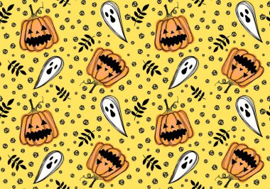 Sonbahar çizgi filmi, sebze hasadı, dikişsiz Cadılar Bayramı balkabağı, ambalaj kağıdı, kumaş, çocuk giysisi baskısı ve şenlikli paketleme için hayalet deseni. Yüksek kaliteli illüstrasyon