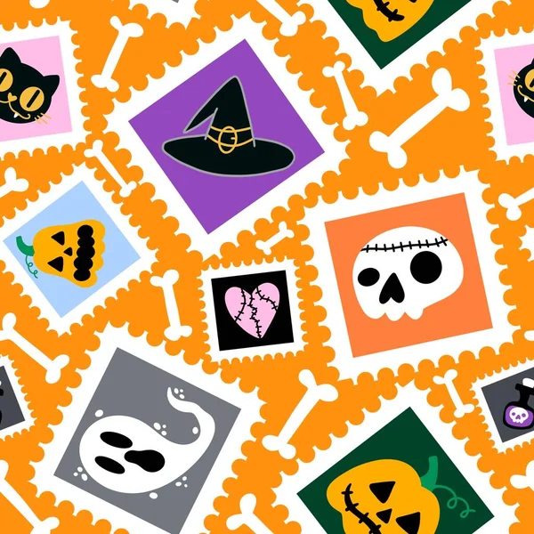 Poštovní Známky Karikatura Bezešvé Halloween Dýně Duch Jed Kočka Vzor — Stock fotografie