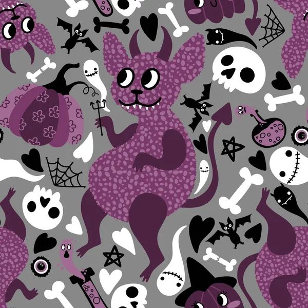 Cartoon Halloween Monsters Naadloze Duivels Pompoenen Spookdieren Schedels Patroon Voor — Stockfoto