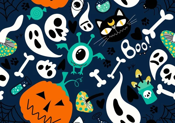 Halloween Dessins Animés Citrouilles Chat Sans Couture Fantôme Champignons Motif — Photo