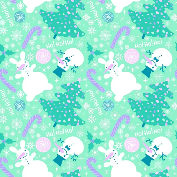 Cartoon New Year Seamless Christmas Tree Snowman Candy Mistletoe Pattern — Stock Photo, Image