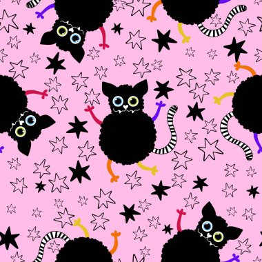 Çizgi filmlerdeki hayvanlar, kağıt, kumaş, çarşaf, çocuk giysisi baskısı, şenlikli ambalajlar, aksesuarlar ve sevimli defterler için kusursuz Cadılar Bayramı kedileri desenleri. Yüksek kaliteli illüstrasyon