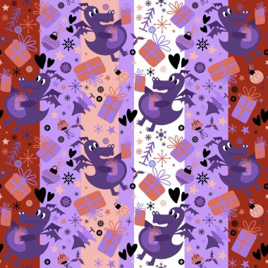 Yeni yıl ejderhaları, Noel dinozor desenli ambalajsız ambalajsız Noel dinozor desenleri ve çocuk kıyafetleri baskısı, şenlikli ambalajlar, kumaşlar ve Noel aksesuarları. Yüksek kaliteli illüstrasyon