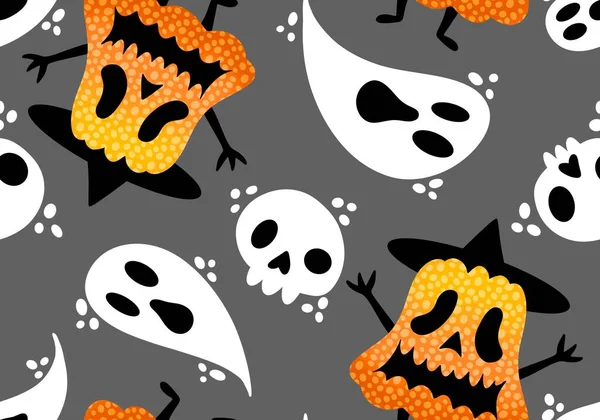 Autumn Cartoon Colheita Vegetal Sem Costura Halloween Abóboras Fantasma Padrão — Fotografia de Stock