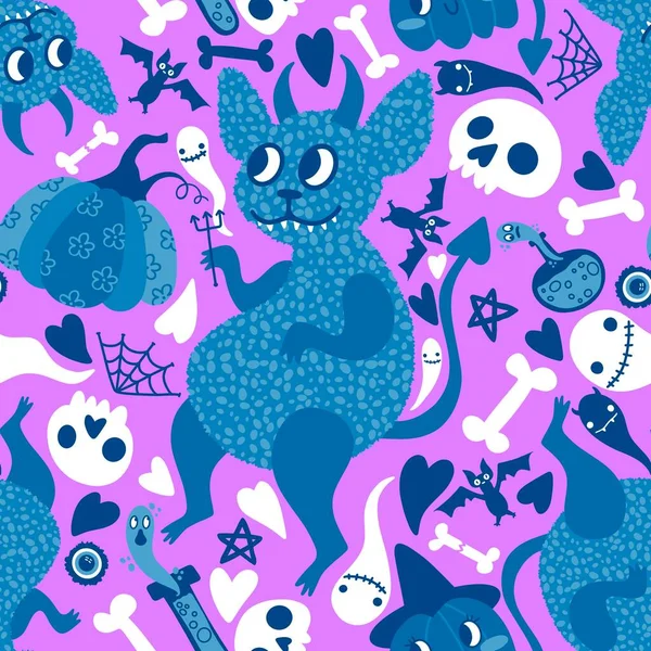Cartoon Halloween Monsters Seamless Devils Pumpkins Ghost Animals Skulls Pattern — Stock Photo, Image