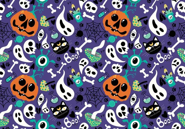Calabazas Dibujos Animados Halloween Huesos Sin Costuras Gato Fantasma Setas —  Fotos de Stock