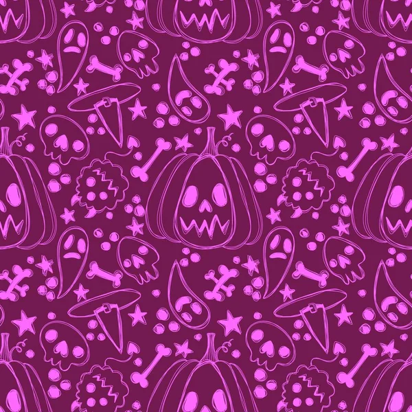 Calabazas Sin Costura Dibujos Animados Halloween Sombrero Bruja Patrón Fantasma —  Fotos de Stock
