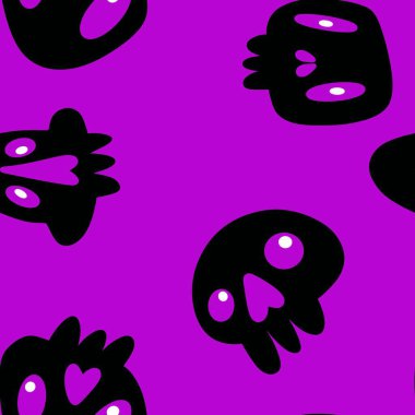 Çizgi film cadılar bayramında kağıt, çarşaf, kumaş, çocuk giysisi baskısı, şenlik aksesuarları ve parti ambalajları için kusursuz kafatası desenleri. Yüksek kalite fotoğraf