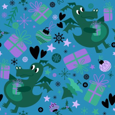 Yeni yıl ejderhaları, Noel dinozor desenli ambalajsız ambalajsız Noel dinozor desenleri ve çocuk kıyafetleri baskısı, şenlikli ambalajlar, kumaşlar ve Noel aksesuarları. Yüksek kaliteli illüstrasyon