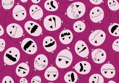 Çizgi film bayramı balonları, kafatası desenli kağıt, kumaş, çarşaf ve çocuk giysileri baskısı, ambalaj ve sonbahar aksesuarları. Yüksek kaliteli illüstrasyon