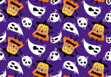 Sonbahar çizgi filmi, sebze hasadı, dikişsiz Cadılar Bayramı balkabağı, ambalaj kağıdı, kumaş, çocuk giysisi baskısı ve şenlikli paketleme için hayalet deseni. Yüksek kaliteli illüstrasyon