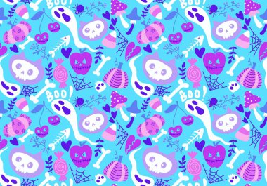 Çizgi filmlerdeki cadılar bayramı kedileri dikişsiz balkabakları, kafatasları hayalet ve mantar desenli ambalaj kağıtları, kumaşlar, şenlikli aksesuarlar ve sonbahar ambalajları. Yüksek kaliteli illüstrasyon