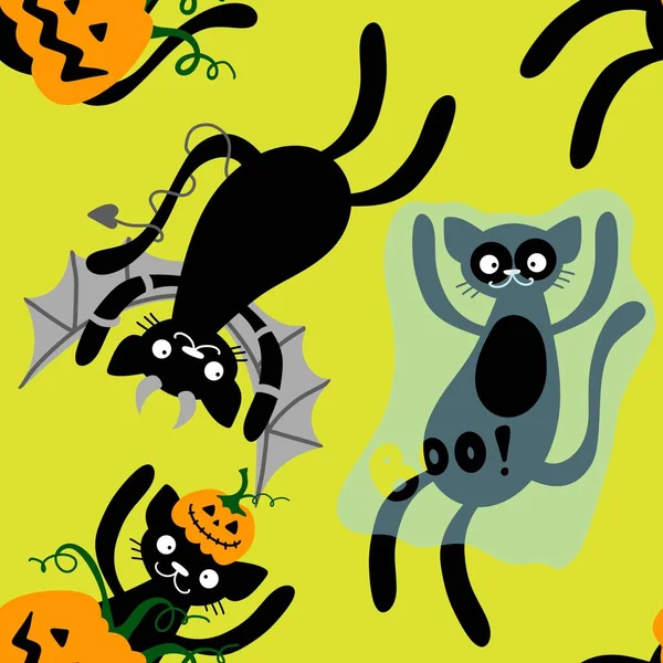 Halloween Dibujos Animados Gatos Calabazas Sin Costura Fantasmas Monstruos Patrón —  Fotos de Stock