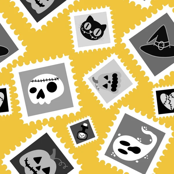 Postage Stamps Cartoon Seamless Halloween Pumpkins Ghost Poison Cat Pattern — Stock Photo, Image