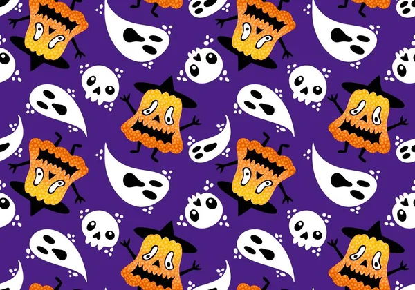 Tecknad Höst Skörd Vegetabiliska Sömlösa Halloween Pumpor Och Spöke Mönster — Stockfoto