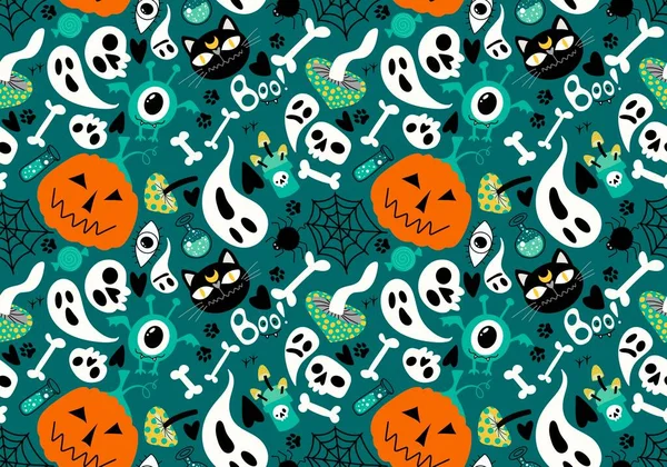 Halloween Tecknade Pumpor Och Katt Sömlösa Ben Och Spöke Och — Stockfoto
