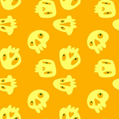 Çizgi film cadılar bayramında kağıt, çarşaf, kumaş, çocuk giysisi baskısı, şenlik aksesuarları ve parti ambalajları için kusursuz kafatası desenleri. Yüksek kalite fotoğraf