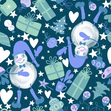 Çizgi film Noel kardan adam kusursuz hediye kutusu ve çay ve aydınlatma ampulleri ve eldivenler ve kağıt ve kumaşlar için top desenleri ve şenlikli ambalaj ve kış. Yüksek kaliteli illüstrasyon