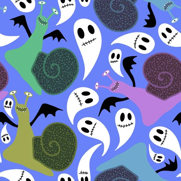 Rajzfilm Állatok Halloween Zökkenőmentes Csigák Minta Szövetek Ágynemű Csomagolópapír Gyerekek — Stock Fotó