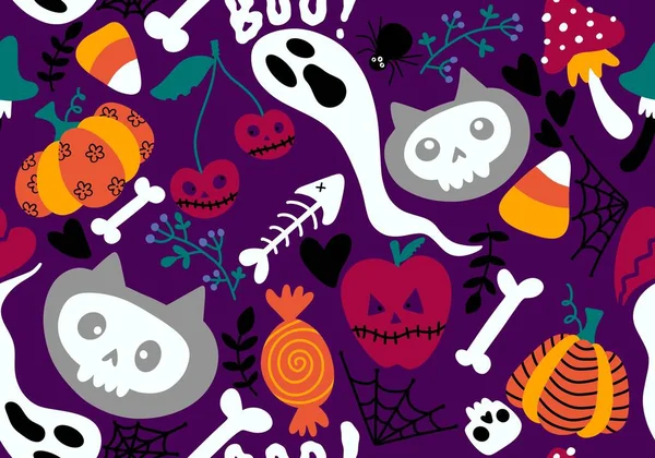 Cartoon Halloween Kočky Bezešvé Dýně Lebky Duch Houby Vzor Pro — Stock fotografie