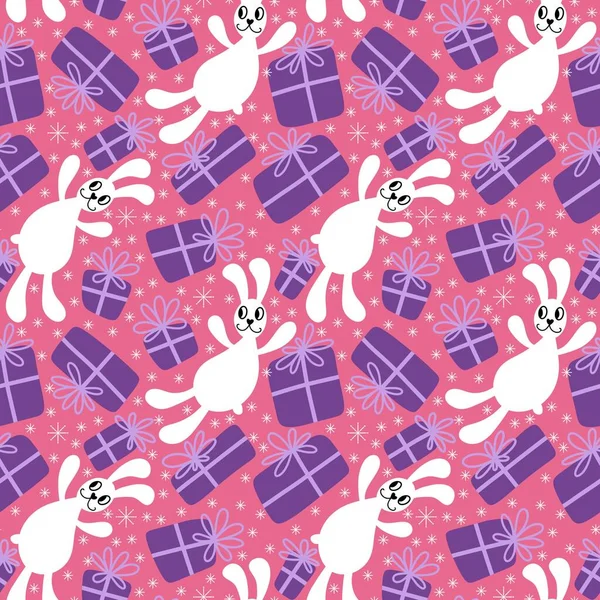 Cartoon Animals Rabbit Seamless Christmas Bunnies Pattern Wrapping Paper Fabrics — Stock Photo, Image
