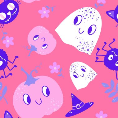 Çizgi film cadılar bayramı balkabakları ve örtü kağıtları ve kumaşlar için hayalet deseni ve çocuk giysileri baskısı ve şenlikli ambalaj ve aksesuarlar. Yüksek kaliteli illüstrasyon