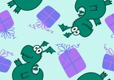 Çizgi filmlerdeki hayvanlar, dinazorlar, Noel ambalajsız ejderha desenleri, çocuk giysileri, kumaşlar ve şenlikli ambalajlar. Yüksek kaliteli illüstrasyon