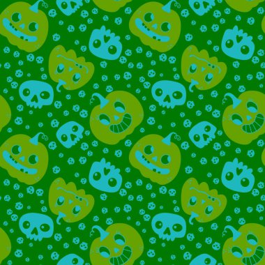 Balkabağı çizgi filmi Cadılar Bayramı 'nda kağıt, kumaş, çarşaf, çocuk giysisi baskısı, şenlik ambalajı ve sonbahar aksesuarları için kusursuz kafatası desenleri. Yüksek kaliteli illüstrasyon