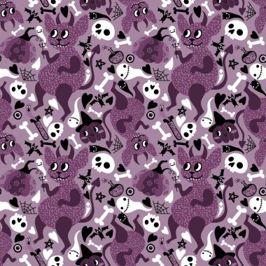 Çizgi film cadılar bayramı canavarları kusursuz şeytanlar, balkabakları ve hayalet hayvan kafatası desenleri kağıt, kumaş, kıyafet baskısı ve şenlikli aksesuarlar. Yüksek kaliteli illüstrasyon
