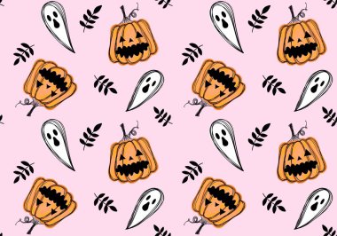 Sonbahar çizgi filmi, sebze hasadı, dikişsiz Cadılar Bayramı balkabağı, ambalaj kağıdı, kumaş, çocuk giysisi baskısı ve şenlikli paketleme için hayalet deseni. Yüksek kaliteli illüstrasyon