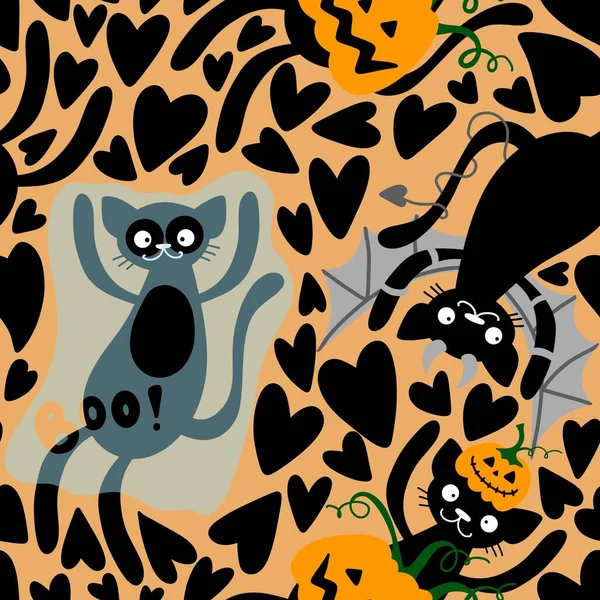 Halloween Dibujos Animados Gatos Calabazas Sin Costura Fantasmas Monstruos Patrón —  Fotos de Stock