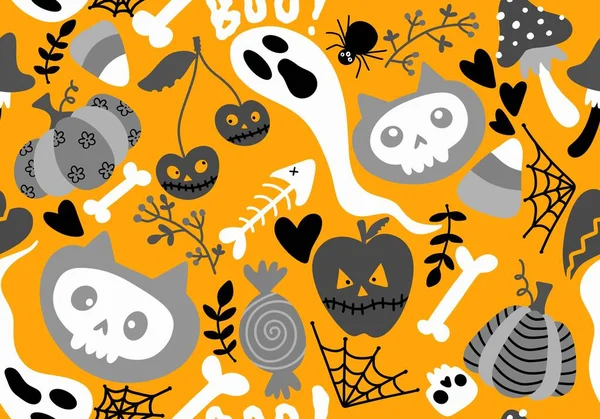 Dibujos Animados Halloween Gatos Sin Costuras Calabazas Calaveras Fantasma Setas —  Fotos de Stock