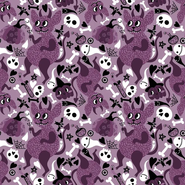 Cartoon Halloween Příšery Bezešvé Ďáblové Dýně Duch Zvířat Lebky Vzor — Stock fotografie