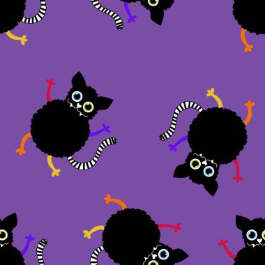 Çizgi filmlerdeki hayvanlar, kağıt, kumaş, çarşaf, çocuk giysisi baskısı, şenlikli ambalajlar, aksesuarlar ve sevimli defterler için kusursuz Cadılar Bayramı kedileri desenleri. Yüksek kaliteli illüstrasyon