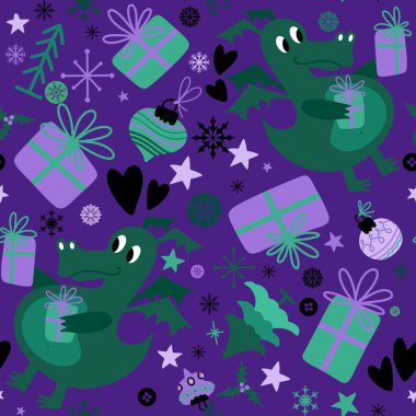 Yeni yıl ejderhaları, Noel dinozor desenli ambalajsız ambalajsız Noel dinozor desenleri ve çocuk kıyafetleri baskısı, şenlikli ambalajlar, kumaşlar ve Noel aksesuarları. Yüksek kaliteli illüstrasyon