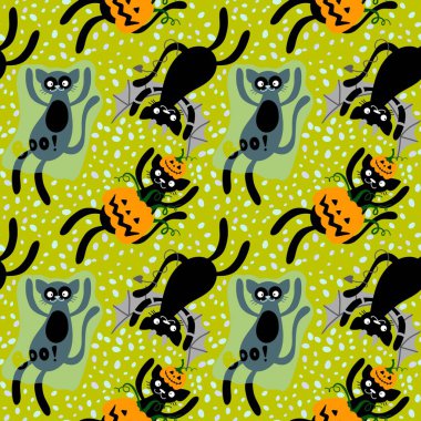 Cadılar Bayramı çizgi kedileri kusursuz balkabakları, hayalet ve canavarlar kumaşlar ve ambalaj kağıtları için vampir desenleri ve çocuk giysileri baskısı, ambalaj ve aksesuarlar. Yüksek kaliteli illüstrasyon