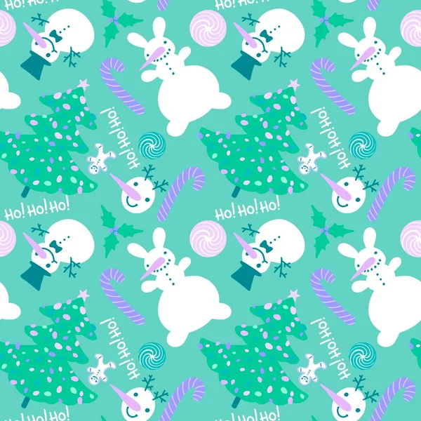 Cartoon New Year Seamless Christmas Tree Snowman Candy Mistletoe Pattern — Stock Photo, Image