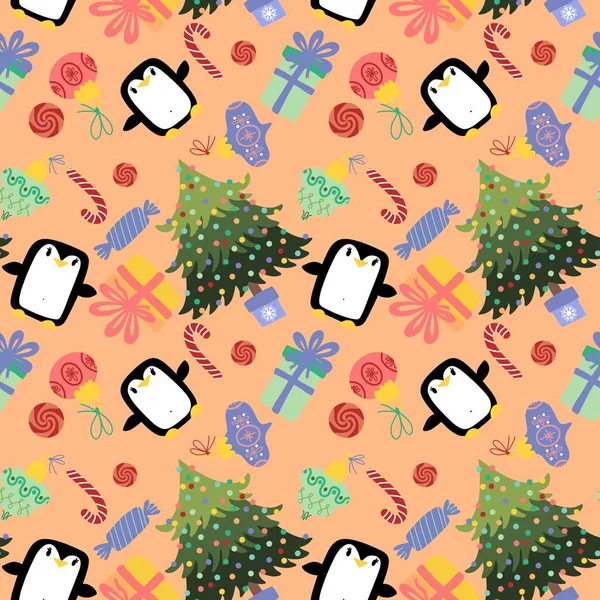 Christmas Cartoon Animals Seamless Penguin Gift Box Candy Pattern Wrapping — Stock Photo, Image