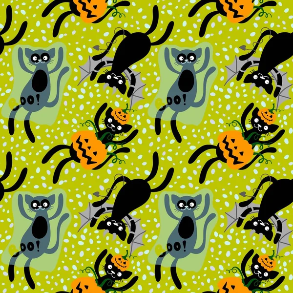Halloween Desenhos Animados Gatos Sem Costura Abóboras Fantasma Monstros Vampiro — Fotografia de Stock