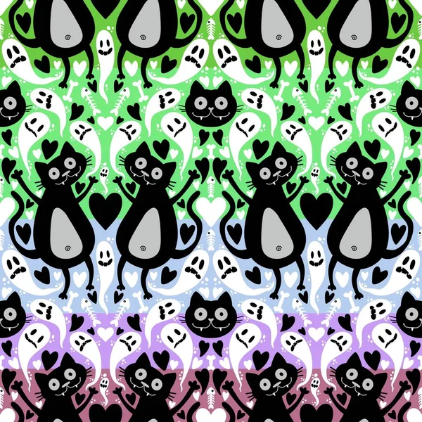 Cartoon Animals Monsters Seamless Halloween Cats Ghost Pattern Wrapping Paper — Stock Photo, Image
