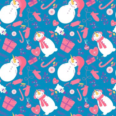 Noel kardan adamı, dikişsiz şeker, çiçek hediye kutusu ve eldiven desenli ambalaj kağıdı, kumaş, yeni yıl paketi, şenlikli aksesuarlar ve Noel. Yüksek kaliteli illüstrasyon