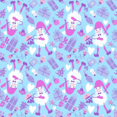 Çizgi film Noel kardan adam kusursuz hediye kutusu ve çay ve aydınlatma ampulleri ve eldivenler ve kağıt ve kumaşlar için top desenleri ve şenlikli ambalaj ve kış. Yüksek kaliteli illüstrasyon