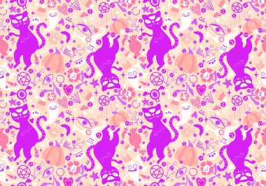 Çizgi filmlerdeki hayvanlar kusursuz cadılar bayramı kedileri ve hayalet desenli ambalaj kağıtları, kumaşlar ve çocuk kıyafetleri baskısı ve şenlikli ambalajlar ve aksesuarlar. Yüksek kaliteli illüstrasyon