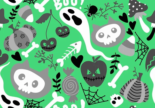 Tecknad Halloween Katter Sömlösa Pumpor Och Skallar Och Spöke Och — Stockfoto