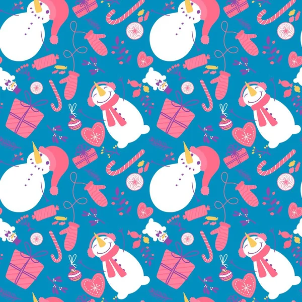 Рождественский Снеговик Бесшовные Конфеты Цветок Подарочная Коробка Перчатки Узор Упаковки — стоковое фото