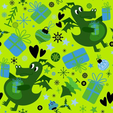 Yeni yıl ejderhaları, Noel dinozor desenli ambalajsız ambalajsız Noel dinozor desenleri ve çocuk kıyafetleri baskısı, şenlikli ambalajlar, kumaşlar ve Noel aksesuarları. Yüksek kaliteli illüstrasyon