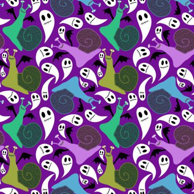 Çizgi filmlerdeki hayvanlar Cadılar Bayramı kumaşlar ve çarşaflar için kusursuz salyangoz desenleri ve ambalaj kağıdı ve çocuk giysileri baskısı ve hediye kutusu aksesuarları ve şenlik ambalajı. Yüksek kaliteli illüstrasyon