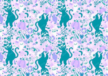 Çizgi filmlerdeki hayvanlar kusursuz cadılar bayramı kedileri ve hayalet desenli ambalaj kağıtları, kumaşlar ve çocuk kıyafetleri baskısı ve şenlikli ambalajlar ve aksesuarlar. Yüksek kaliteli illüstrasyon